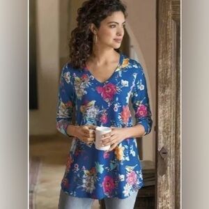 Soft Surroundings Top Cerulean‎ Floral Butterflies Birds V Neck Tunic Size PM